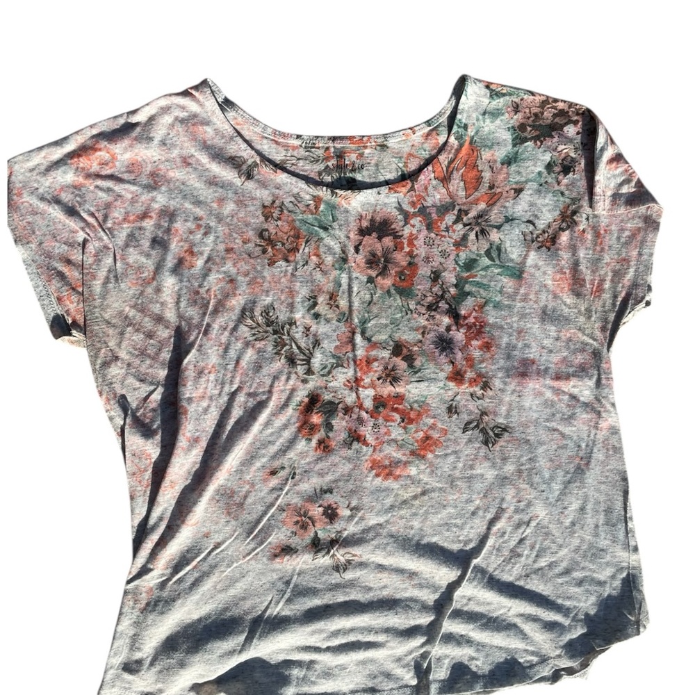 Style & Co. Floral Print Short Sleeve Top - Gray and Orange